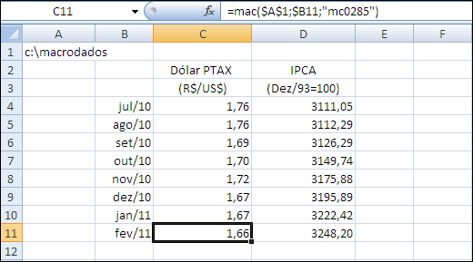 163 A figura a seguir ilustra um exemplo de utilização, considerando uma planilha com 2 séries mensais com dados a partir de Julho de 2010 : Para usar o Link com Excel, siga as instruções a seguir,