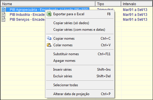17 Exportar para o Excel Use para exportar séries do Macrodados diretamente para o Excel. Selecione as séries a serem exportadas e clique nesta opção para abrir em uma nova planilha.