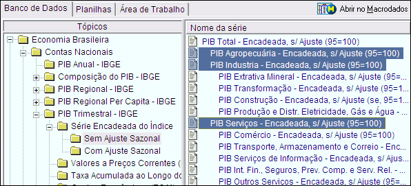 9 2.2 Abrindo Séries no Macrodados Para visualizar, transformar ou fazer cálculos com as séries do Macrodados é preciso primeiramente ler as séries de interesse na guia Banco de Dados.