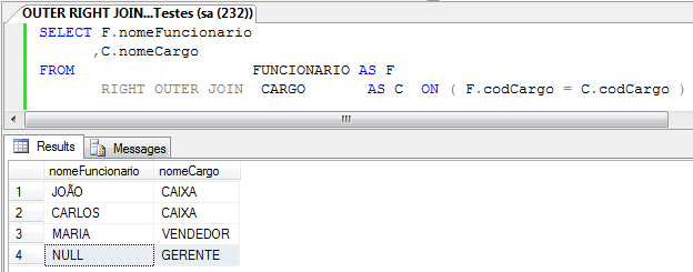 Figura 5 Uma observação importante é que a ordem da ligação (ON não faz diferença, ou seja: ON (F.codCargo = C.codCargo é exatamente igual a ON (C.codCargo = F.