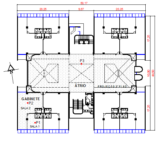 69 Figura 39- Planta ilustrativa do primeiro pavimento e dos ambientes monitorados Observa-se que na Sala 1, onde foram posicionados os equipamentos no ponto 1, o ambiente possui somente uma fachada