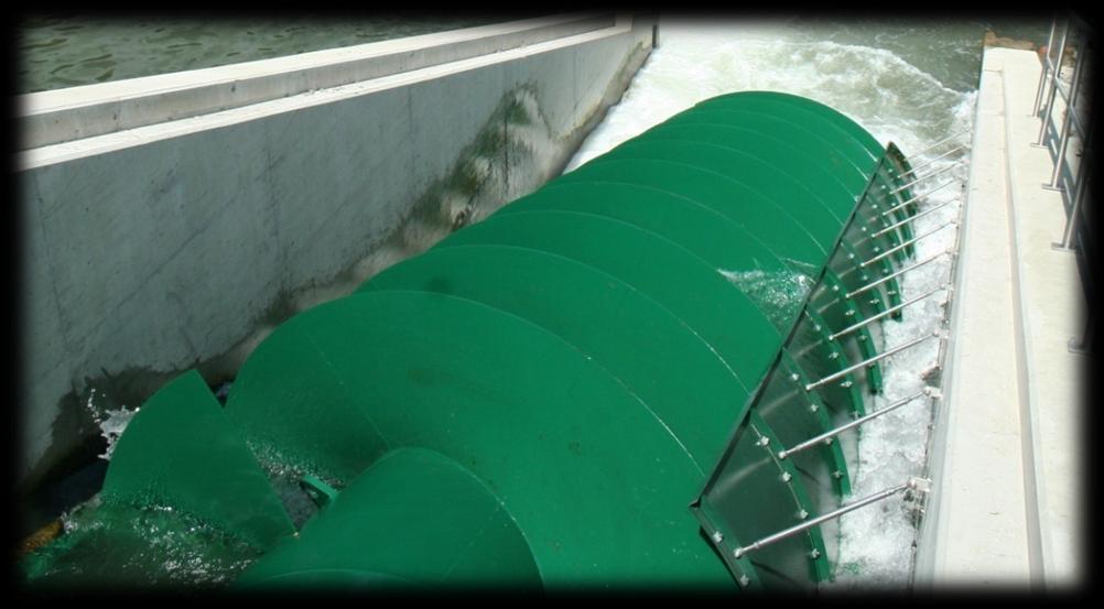 Turbina Helicoidal Aplicações Barragens; Água corrente; Saída de água limpa em instalações de tratamento de água e esgotos;
