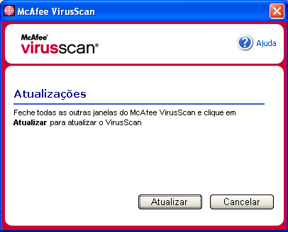 Usando o McAfee VirusScan 3 Clique em Verificar agora. Se houver uma atualização, a caixa de diálogo Atualizações do VirusScan será aberta (Figura 2-16 na página 40).