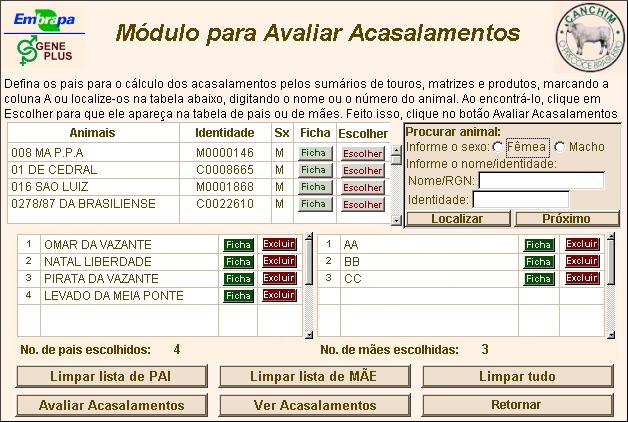 Nesta lista ainda é possível incluir mais animais pela seleção manual, ou voltando nos sumários e marcando outros animais. Terminada esta fase, clique no botão Avaliar Acasalamentos.