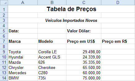 1. Abra o documento Curso on-line Microsoft Excel. 2. Na planilha 2 digite os dados da tabela acima sem se preocupar com sua estética. 3. Digite a data de hoje e o valor do dólar (1,89). 4.