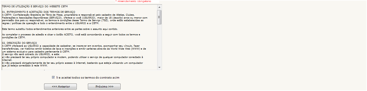 Ler o termo de utilização e serviço do website CBTM e em seguida clicar em li e aceitei os termos do