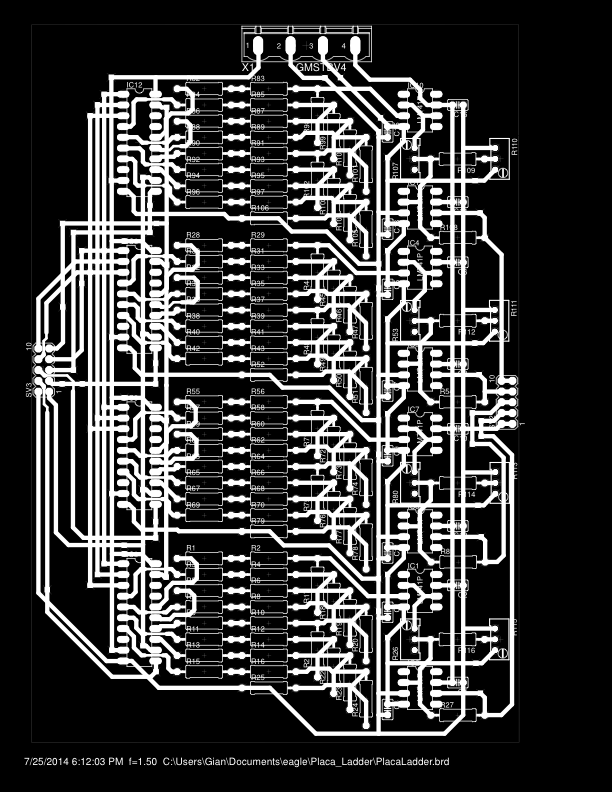Figura 5(b) Placa Ladder no EAGLE O primeiro desafio originou-se no fato de que a unidade de controle digital (FPGA) não possuía portas de saídas suficientes para alimentar paralelamente os circuitos