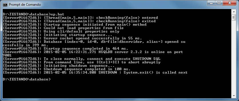 Como Fazer tutorial Com o servidor hsqldb em execução são criados outros arquivos e uma pasta tmp. Abra uma segunda janela prompt comando e execute o shutdown.bat.