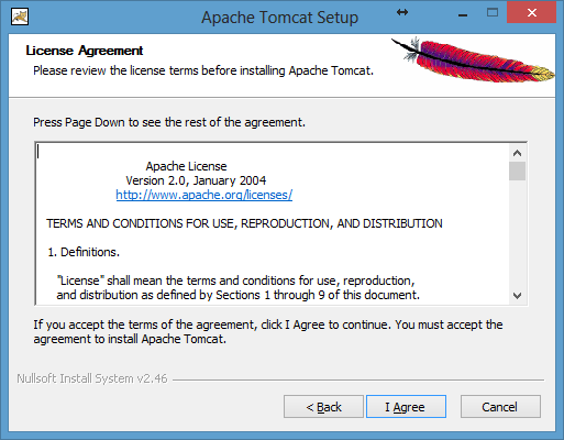 83 A Figura 45 apresenta a segunda tela da instalação apresenta o contrato de instalação do Tomcat pela Apache Software Foundantion, selecionar I Agree : Figura