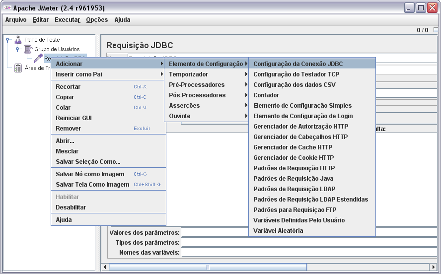 67 No elemento de requisição JDBC, é onde será determinada a consulta SQL de teste com o banco de dados, podendo ser do tipo Select Statement (uma SQL de seleção) ou ainda um Update Statement (uma