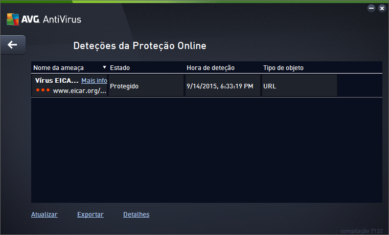 É facultada a seguinte informação para cada objeto detetado: Nome da ameaça descrição (possivelmente até o nome) do objeto detetado e respetiva origem (página web); a ligação Mais informações