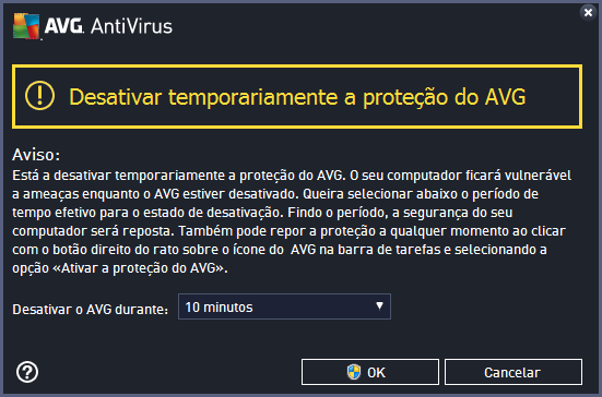 Aplicar. Na janela Desativar temporariamente a proteção do AVG especifique a duração da desativação do AVG AntiVirus.