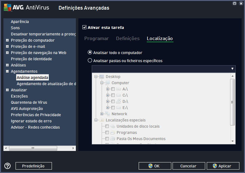No separador Localização pode definir se pretende agendar uma análise de todo o computador ou uma análise de ficheiros ou pastas.