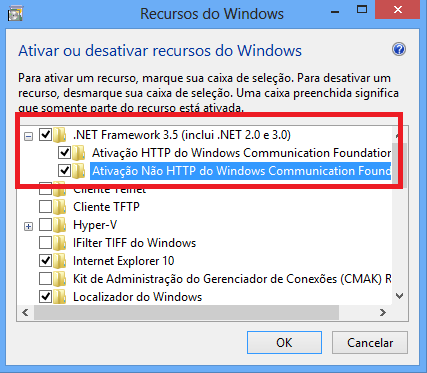 Habilite os 3 primeiros Campos:.NET Framework 3.5 (inclui.net 2.0 e 3.