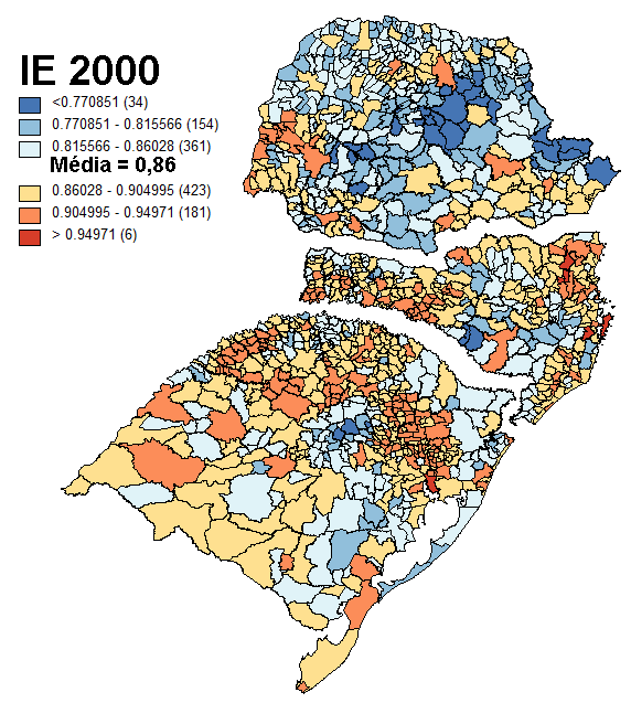 tem as piores condições educacionais. Entretanto, essa situação se altera para o IE8, que utiliza em seu cálculo o parâmetro mais rigoroso de educação, T8.