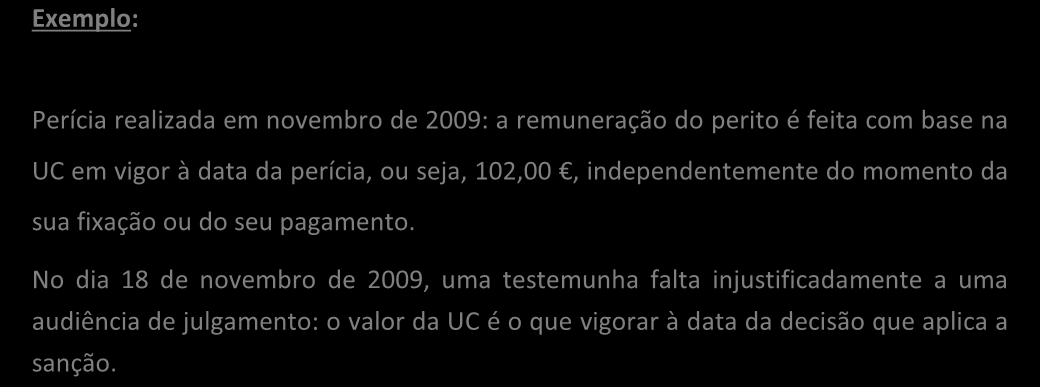 A unidade de conta (UC) Exemplo: Uma ação é proposta em dezembro de 2009, momento em que a UC tem o valor de 102,00. A contestação é apresentada em fevereiro de 2010.