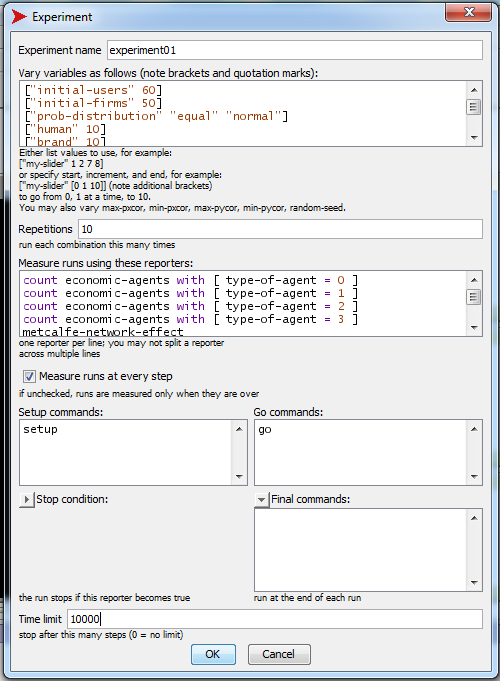 Figura 5.6: Exemplo de Tela do BehaviorSpace.