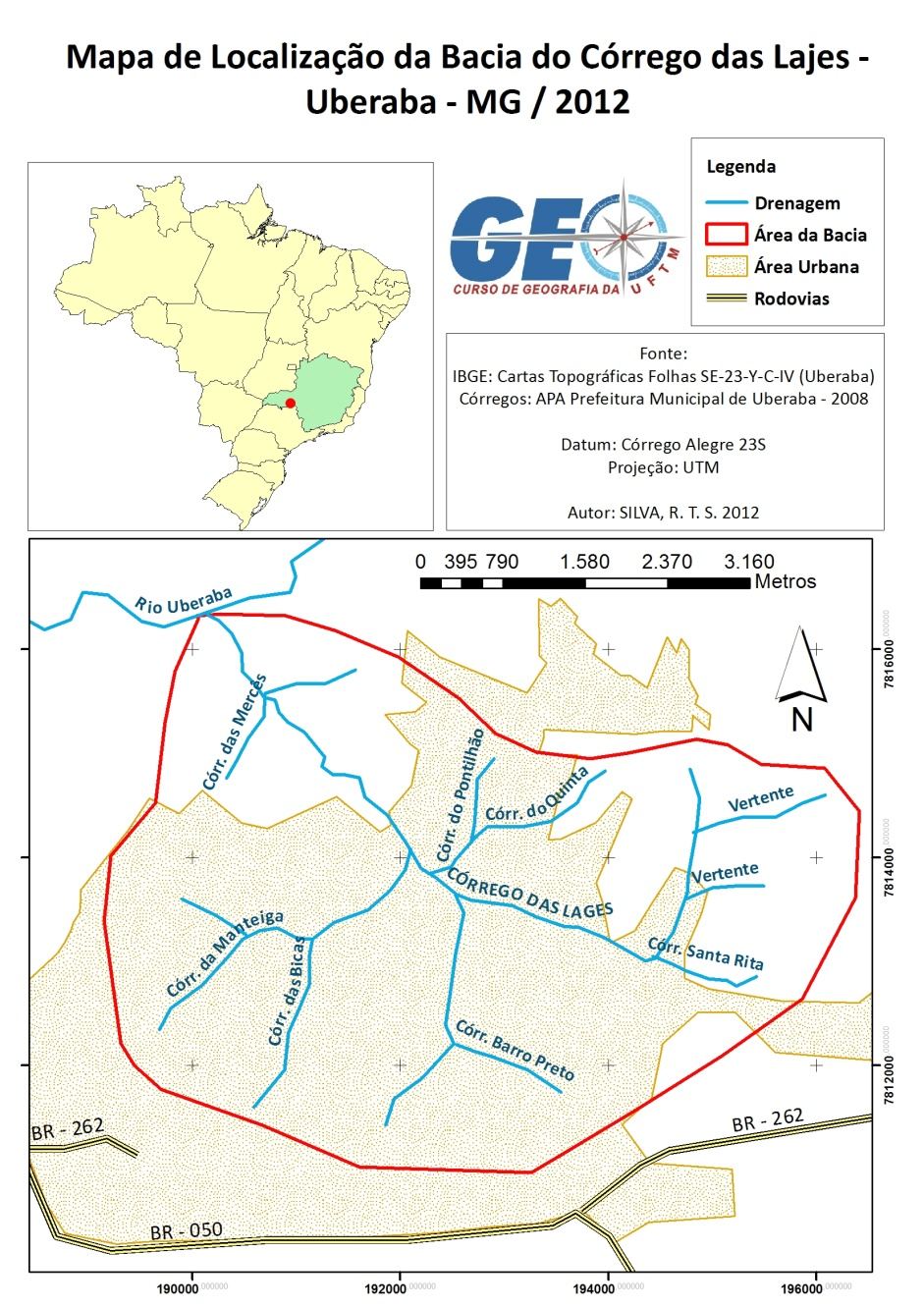 Figura 1: Mapa de localização da bacia do córrego das Lajes - Uberaba (MG) Autor: SILVA, R. T. S. Org.: RODRIGUES, J. P.