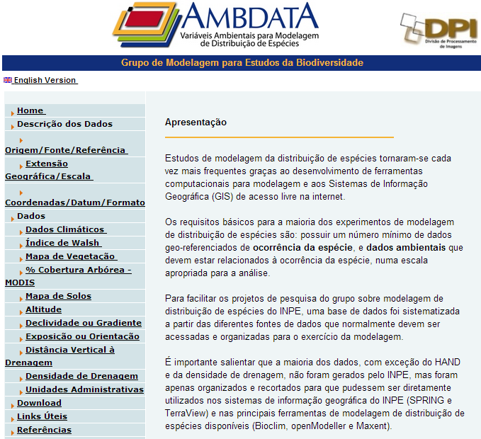 Figura 1. Página na internet de apresentação do Ambdata (http://www.dpi.inpe.br/ambdata/index.php).