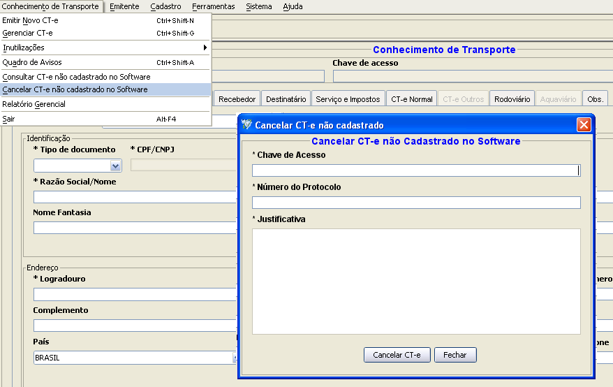 autorização. Na aba Conhecimento de Transporte, Opção Cancelar CT-e não cadastrado no Software 8.