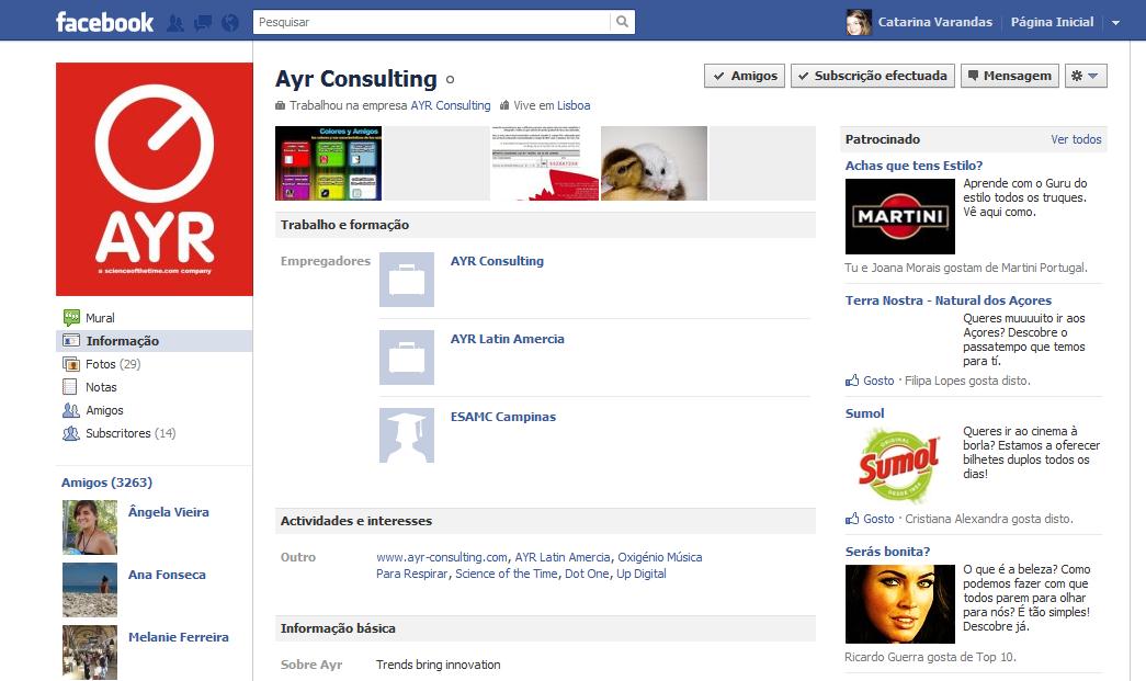 Re Para além da AYR Consulting, Trends & Innovation possuir um Website, também está presente nas redes sociais: Facebook (Figura 8) e Twitter (Figura 9).