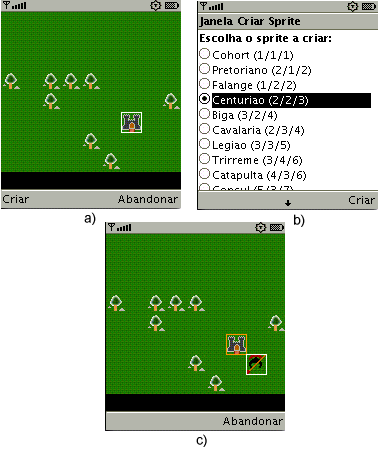 Figura 4.6: Sequência de criação de novas unidades militares a partir de uma fortificação. a) o jogador decide criar uma unidade a partir da fortificação ativa.