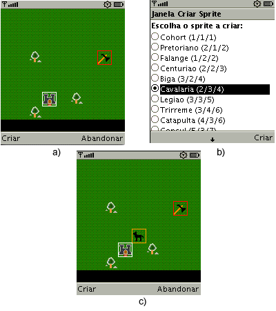 Figura 5.16: Procedimento de criação de novas unidades militares. a) o jogador escolhe criar um sprite de uma fortificação que é o elemento de interação ativo do turno.