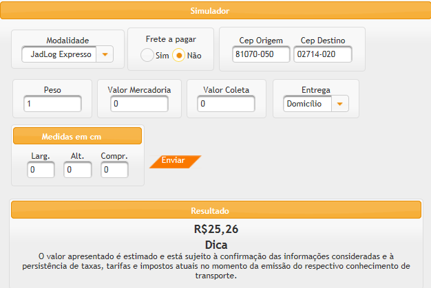 SERVIÇOS WEB SIMULADOR DE FRETE ON
