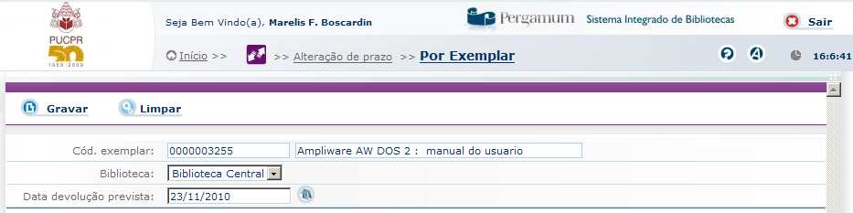 16.2 POR EXEMPLAR Esta tela permite alterar a data de devolução de um exemplar específico.