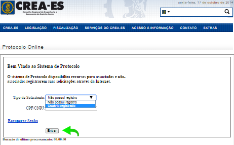 Login de Usuário cadastrado / Não Registrado no CREA-ES (Pessoa Jurídica / Pessoa Física) Acessando o site do CREA-ES e clicando na aba Serviços do CREA-ES. Clique em Protocolo Online.