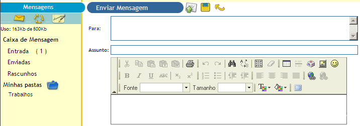 Assinatura Atualiza r Nova mensagem Campo onde constam todas as mensagens recebidas. Pastas criadas pelos alunos. Descrição da mensagem.