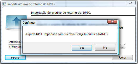 Figura 229 Importar Arquivo de Retorno DPEC 12. Com o arquivo importado com sucesso, o DANFE estará disponível para impressão em modo de contingência DPEC.