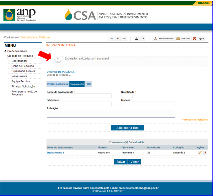 Tela de Mensagem de Exclusão de Equipamentos realizada com sucesso 4.5.5. Fotos 4.5.5.1.