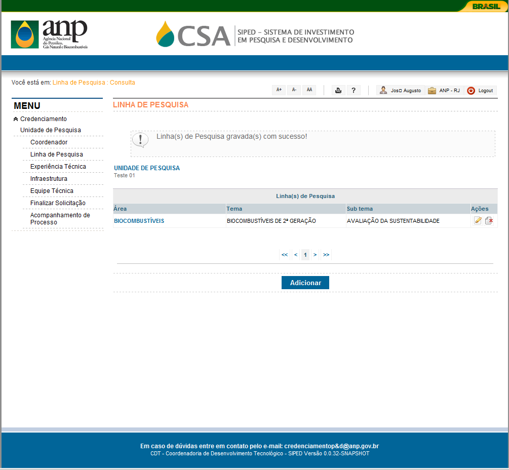 Instruções: a) Os campos Área, Tema, Sub tema, e Descrição são de preenchimento obrigatório. b) O botão Salvar realiza o cadastramento das informações no SIPED.