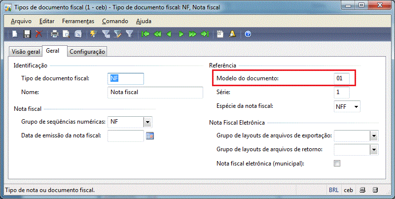 Figura 2.5 Tipos de documento fiscal, Guia Visão Geral Guia Geral Essa guia serve para cadastrar os tipos de documento fiscal. 1. Tipo de documento fiscal: código do tipo de documento fiscal 2.