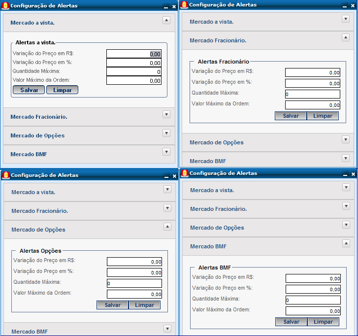 Exemplo: Configuração para Mercado à Vista Parametrizações: Variação do Preço: R$ 0,10. Variação do Preço: 5% Quantidade Máxima: 1.000 Valor Máximo: R$ 100.