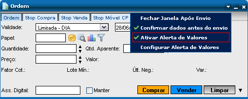 Ativar Alerta de Valores O recurso pode ser desabilitado através da opção Ativar Alerta de Valores, com um clique.