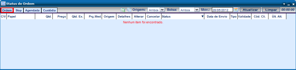 Aba de Ordem Tela que exibe os status das ordens negociadas. (35) Figura 3521 Procedimento Clique na Aba [Ordem] e a tela de status das Ordem é exibida (Figura 35).