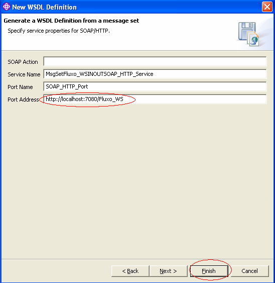 Altere o valor do campo Port Address para HTTP://localhost:7080/Fluxo_WS e