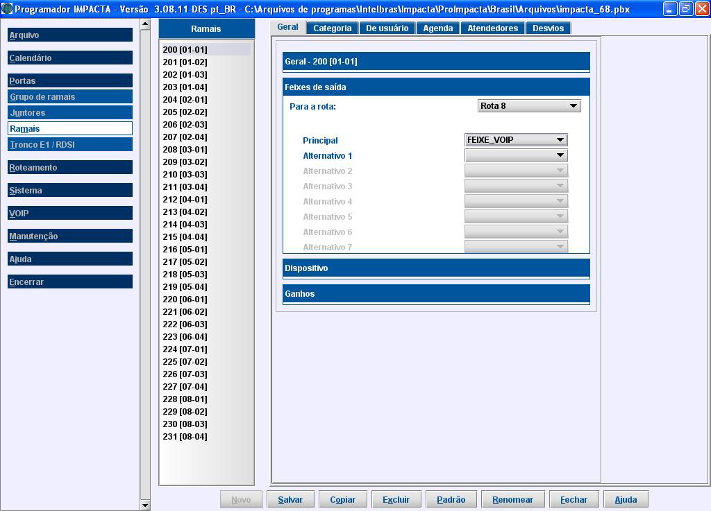 Configuração web Configuração de ramal VoIP A placa VoIP Impacta possui duas versões, sendo uma delas de 2 canais (disponível apenas para o PABX Impacta 16/68) e a de 4 canais.