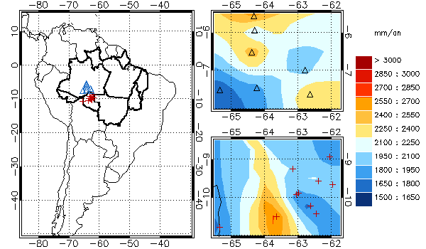 2.2. Rain gauge data The latitude and longitude boundaries of the validation deforested and forested areas are respectively 8.25 S-11.0 S / 65.5-61.5 W and 8.0 S -5.25 S / 65.5 W - 61.25 W.