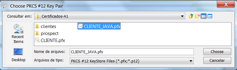 INCLUINDO O CERTIFICADO KEY PAIR TYPE DO CLIENTE Após pressionar o botão Ok será apresentado a seguinte tela conforme figura abaixo: Clique neste botão para importar certificado do cliente.