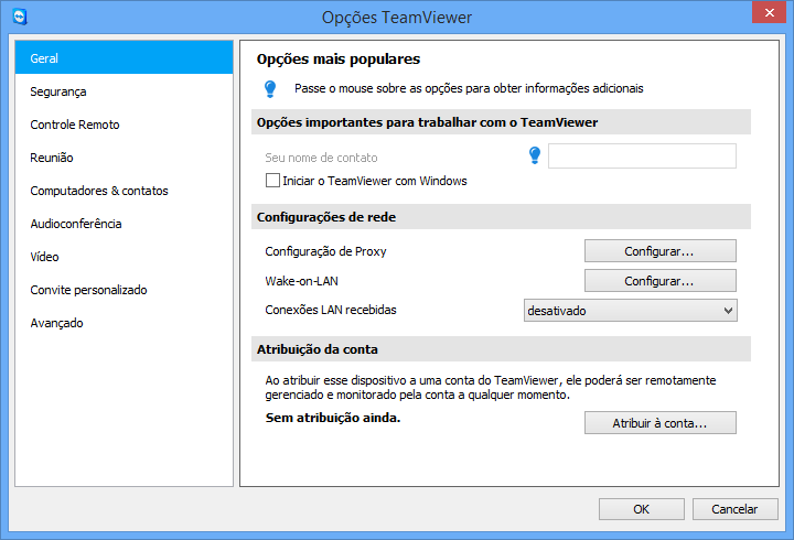 Opções 13 Opções Para acessar as opções, clique em Extras Opções na janela principal do TeamViewer. A caixa de diálogo Opções do TeamViewer abrirá.