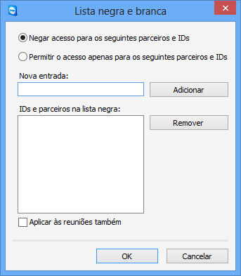 Opções Regras de conexão a este computador Lista negra e lista branca Para abrir a caixa de diálogo Lista negra e branca, clique no botão Configurar.