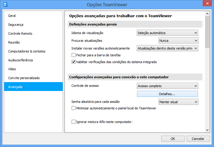 Opções 13.9 Categoria Avançado Na categoria Avançado, você pode definir configurações avançadas em seu TeamViewer. Para isso, clique no botão Mostrar as opções avançadas.