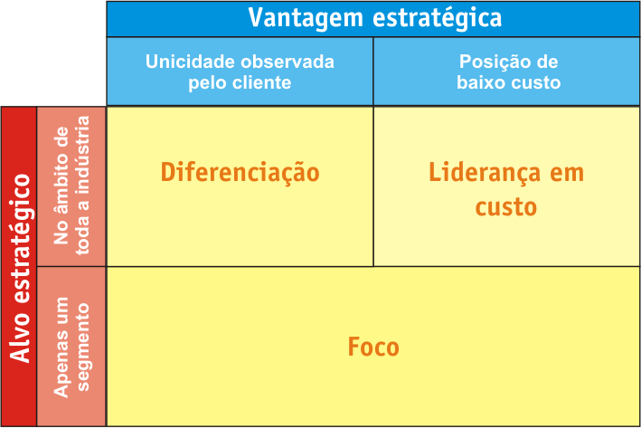 As estratégias de liderança em custos e de diferenciação buscam a vantagem competitiva em um limite amplo de segmentos industriais, por outro lado, as estratégias relacionadas ao enfoque, enfoque em