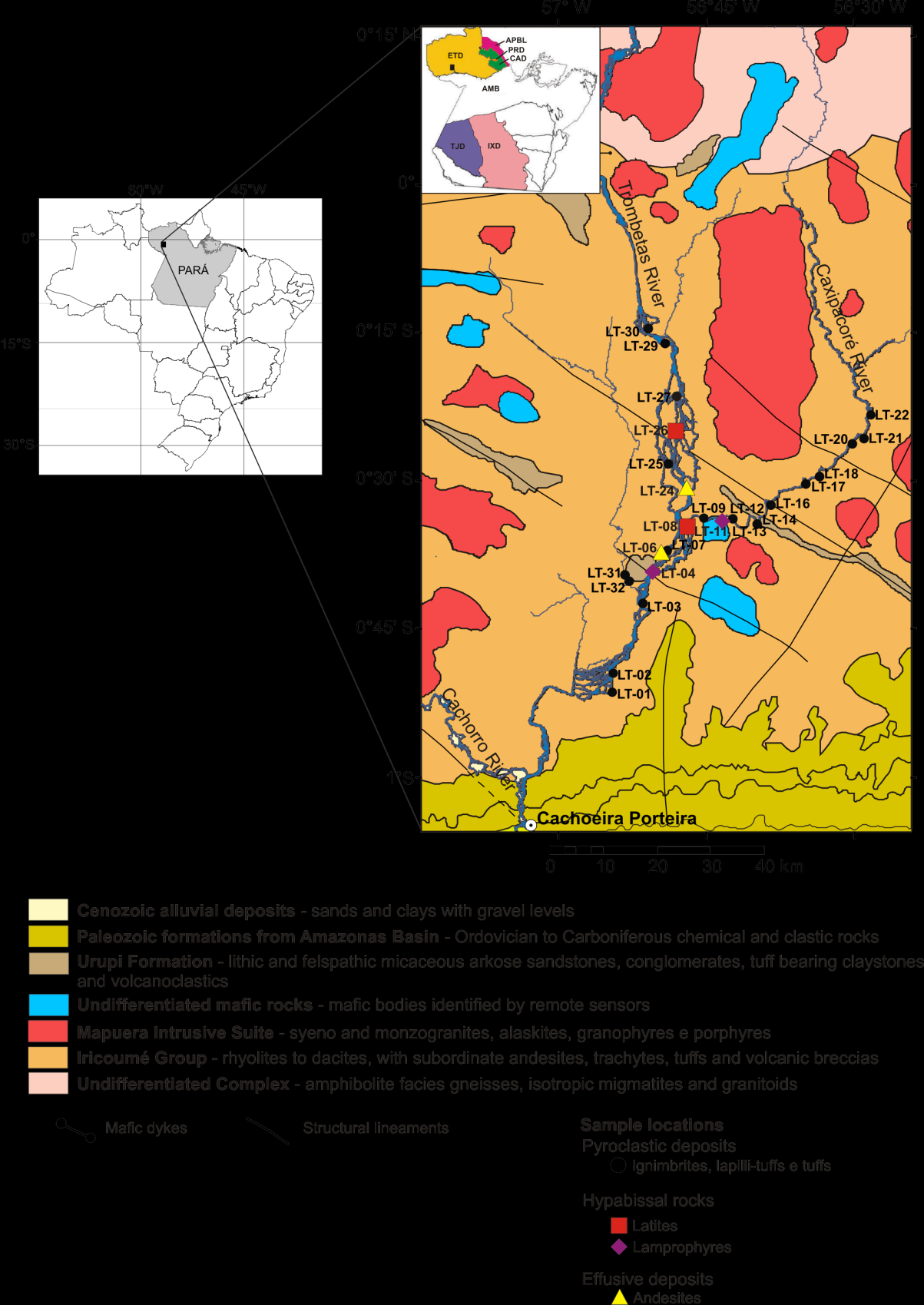 Figure 3- Geological map of the studied area along the Trombetas River in the southwestern of Erepecuru- Trombetas Domain, with the location of the rock samples.