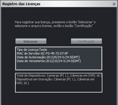 Funcionamento e configurações 47 Gestão da licença Registo da licença 1. Clique no ícone [Licença] do menu Overview. Será exibida a janela Registo da licença. 2. Clique no botão [Selecionar]. 3.