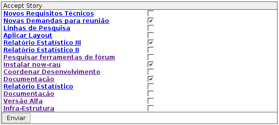 Caso de Uso Aceite de Story Atores Desenvolvedor Descrição Aceita uma story Pré condições Pós condições Usuário logado no sistema; Projeto padrão definido pelo usuário; Formação dos pares registrado