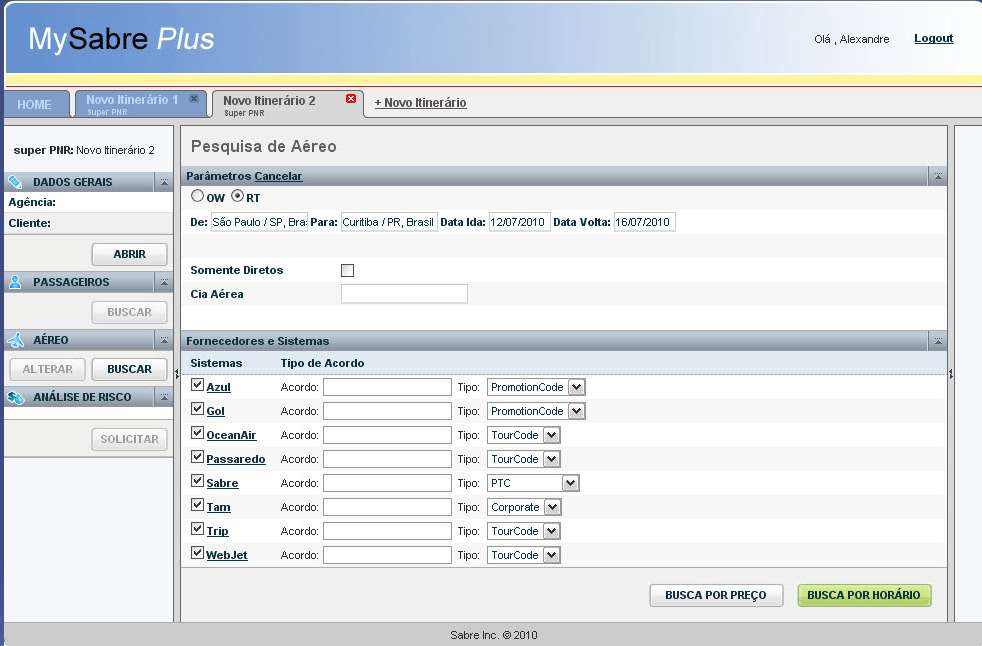 MySabre Plus Pesquisa de Aéreo Interface gráfica Informa a fonte de busca do conteúdo Tarifas